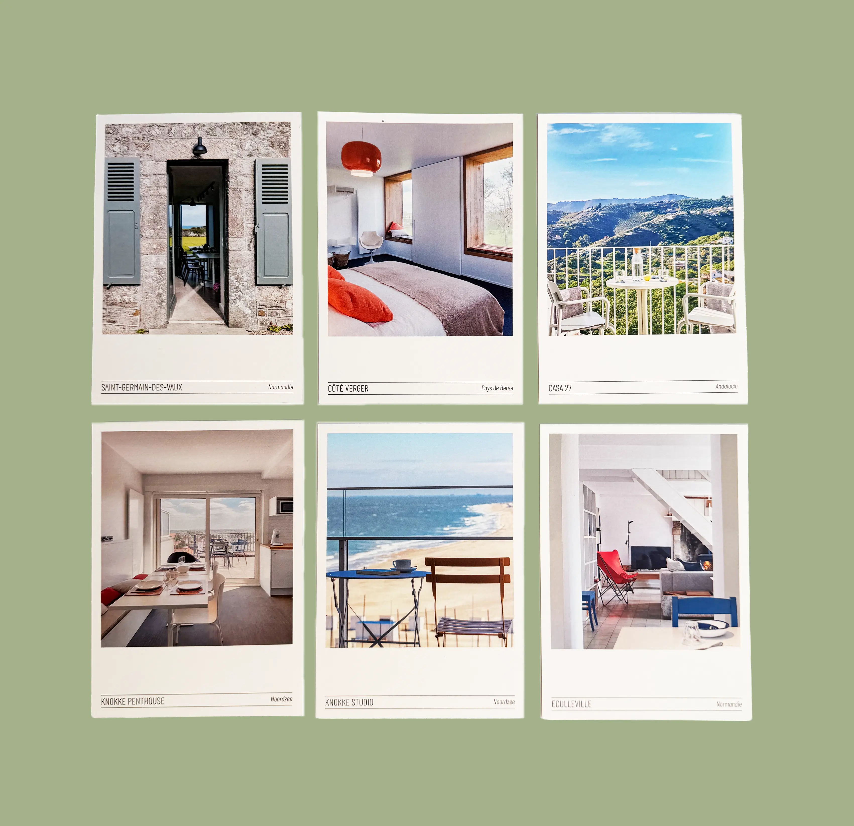 Les six cartes postales de la série à plat : un logement par carte, entre le Pays de Herve, la Normandie, l'Andalousie et la mer du Nord