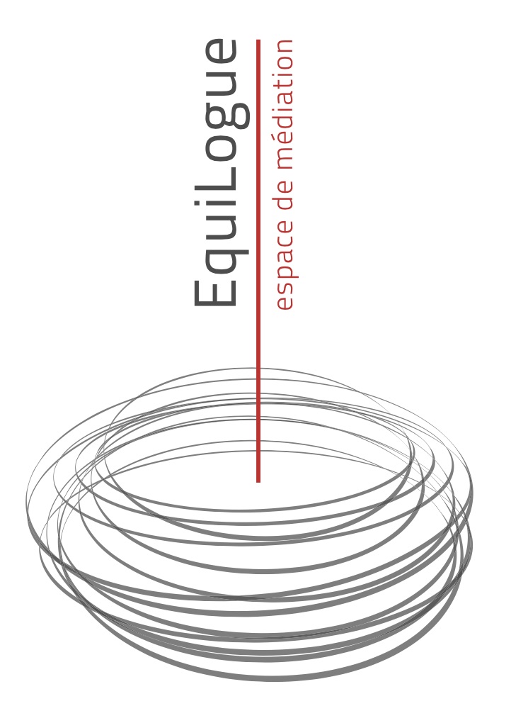 L'ancien logo Equilogue : « EquiLogue » à la verticale au-dessus d'une spirale grise