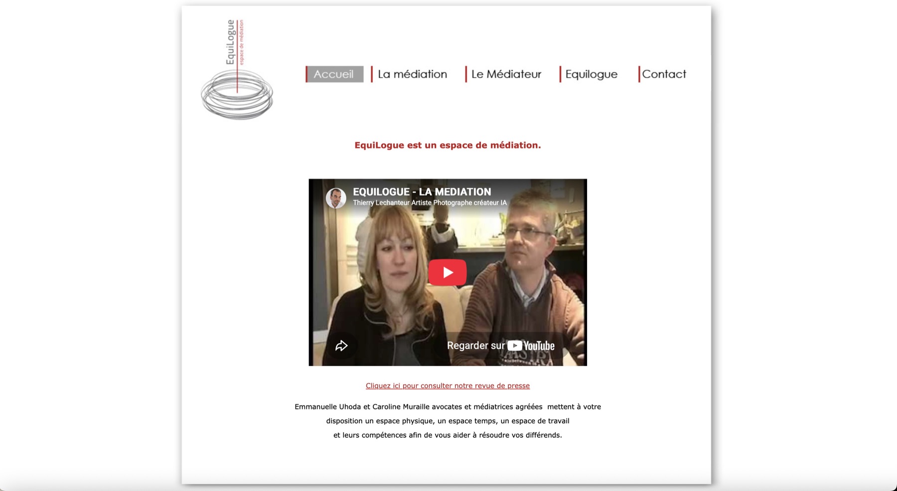 L'ancien site Equilogue : mise en page datée, menu à onglets, vidéo YouTube