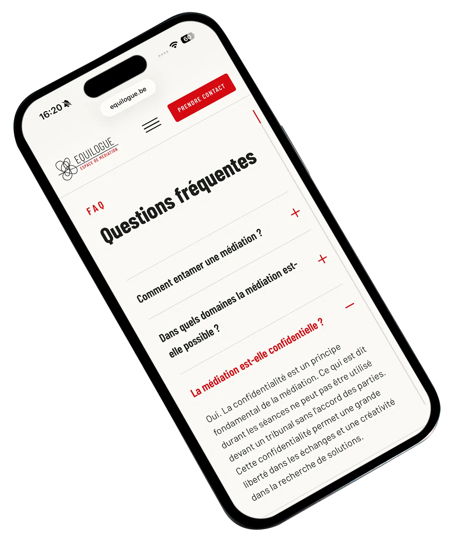 Le nouveau site Equilogue affiché sur un iPhone, page « Questions fréquentes »