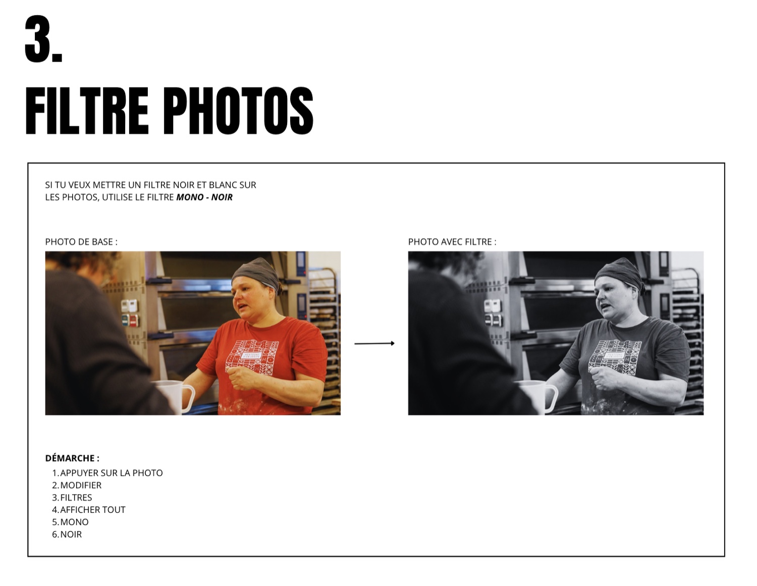 Fiche « Filtre photos » : l'avant / après du filtre noir et blanc et la marche à suivre dans Canva