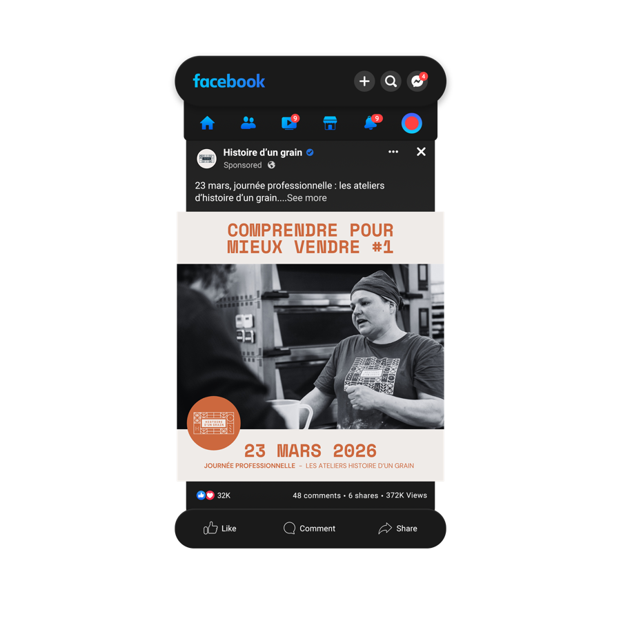 Un post sponsorisé Histoire d'un grain sur Facebook, créé à partir d'un template