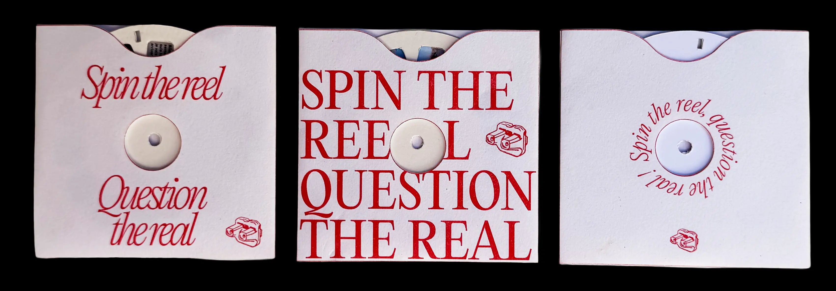 Les trois pochettes du View-Master, chacune avec une composition typographique différente de « Spin the reel, question the real »