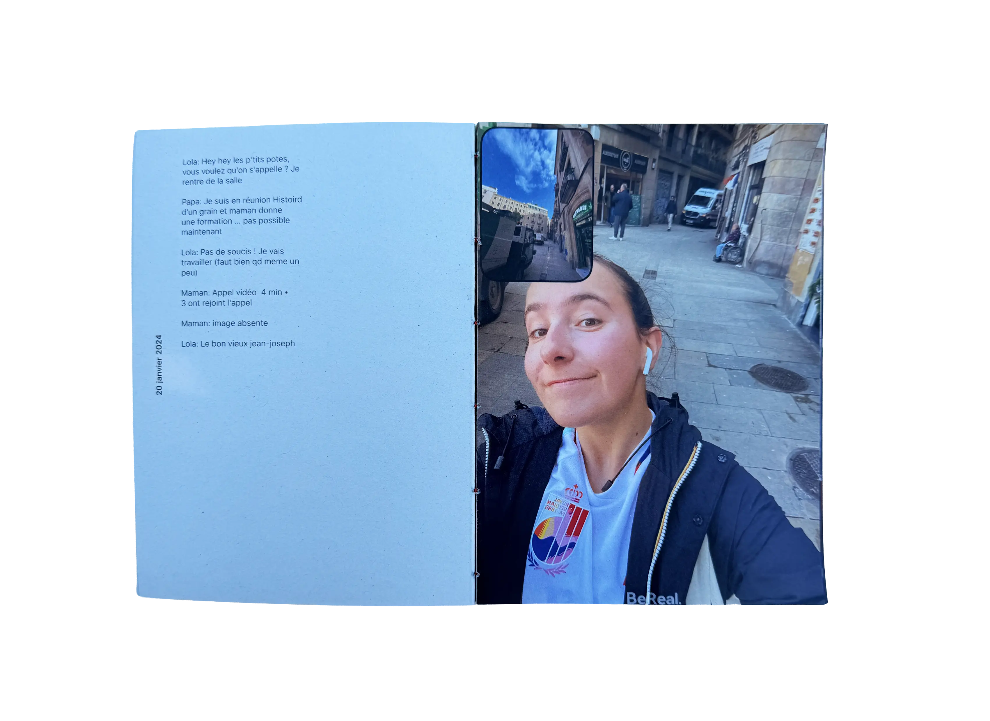 Double page : à gauche une conversation WhatsApp avec la famille, à droite un BeReal pris dans une rue de Barcelone