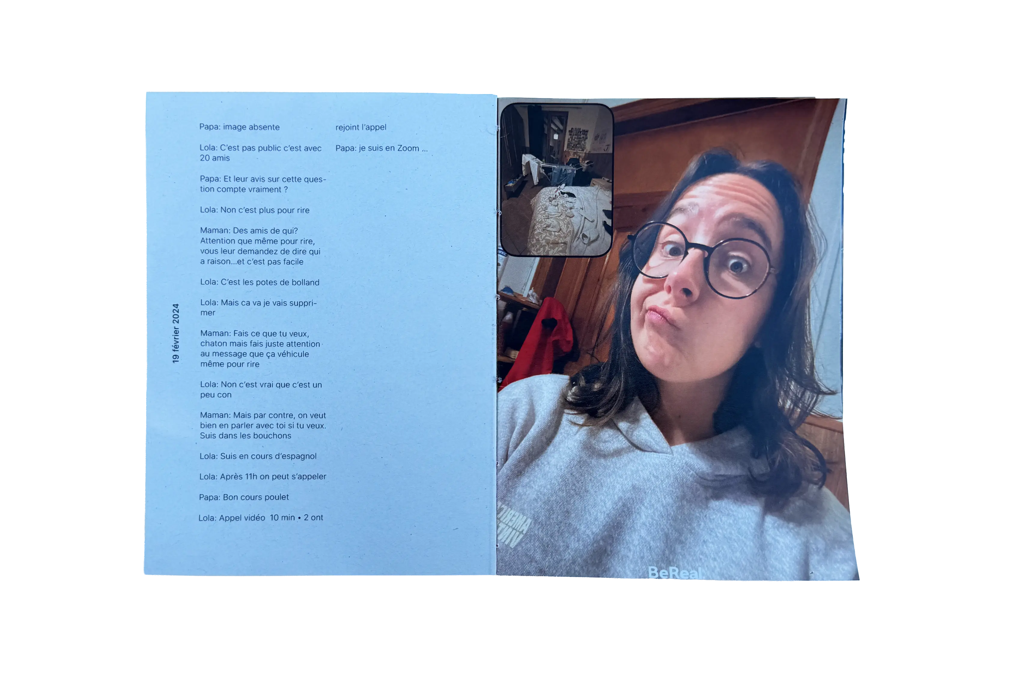 Double page du livre : conversation et BeReal