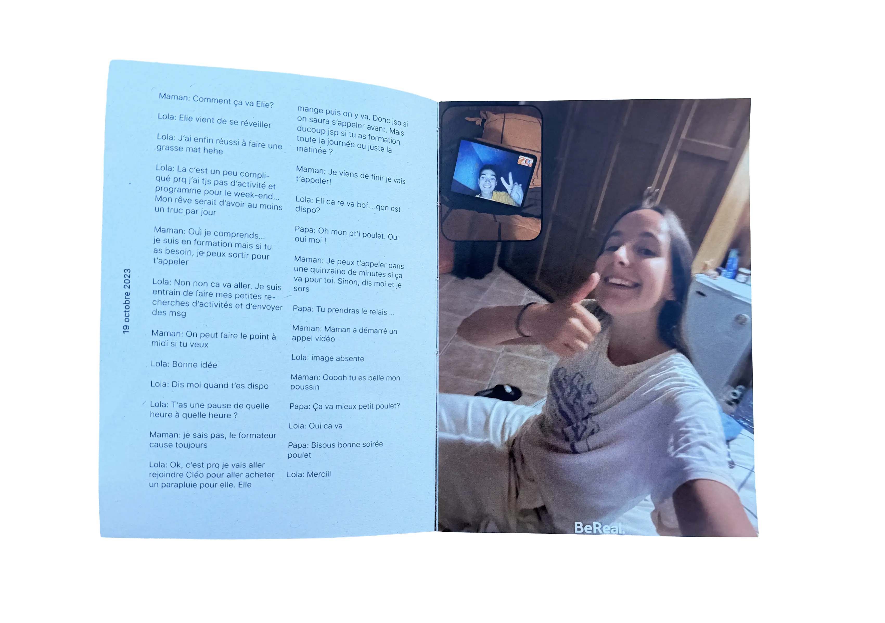 Double page du livre : conversation et BeReal