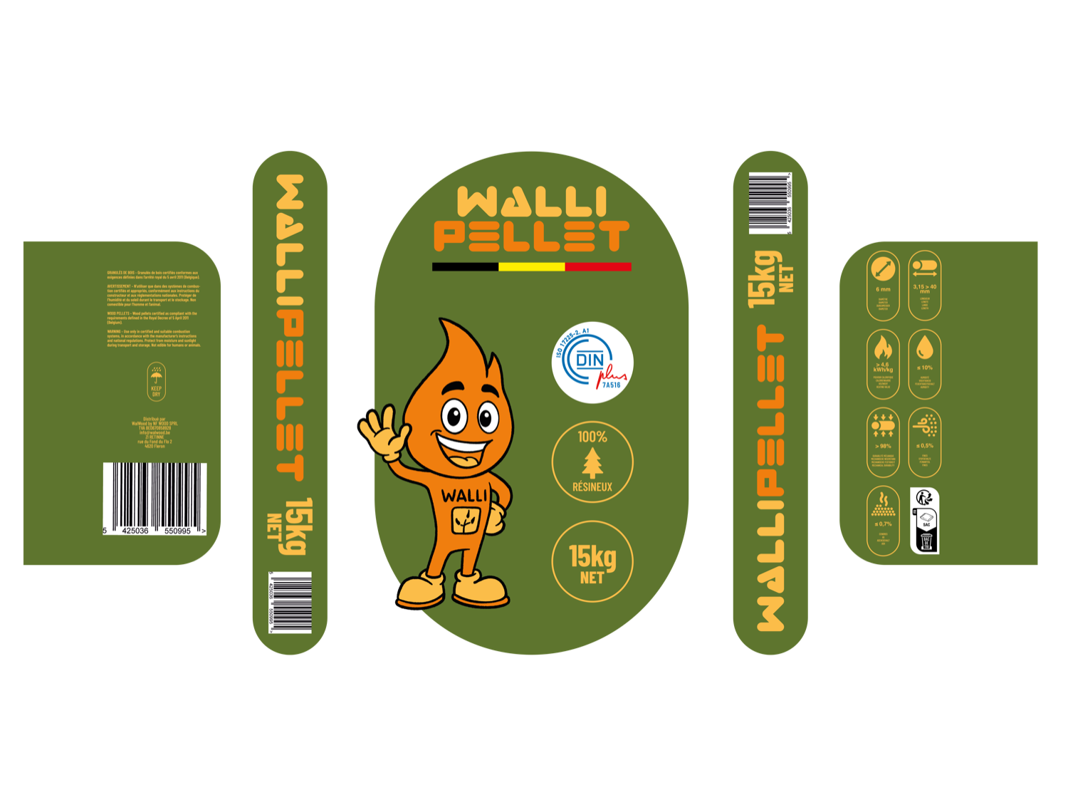 Le sac de pellets Walli Pellet déplié à plat : fond vert, logo orange, la mascotte Walli, badge DINplus et pictogrammes techniques
